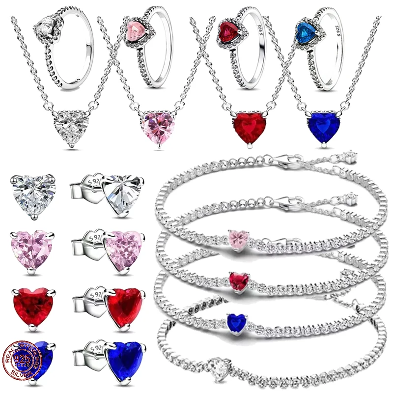 Hot selling 925 sterling silver fashionable heart-shaped zircon jewelry set ring necklace earrings original charm jewelry gift