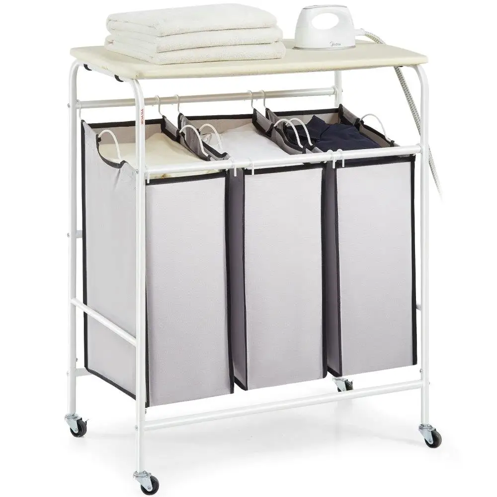 

3 Section Laundry Sorter Cart with Ironing Board Heavy Duty Lockable Wheels Rolling Storage Organizer 3 Removable Bags