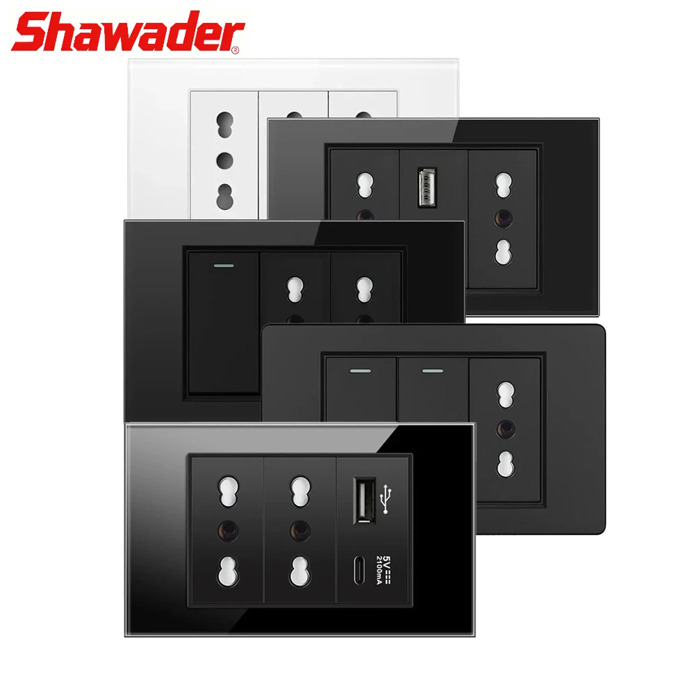 

Shawader Италия, настенные розетки с выключателем USB Type-C, вилка Чили, розетки 16А, итальянская розетка европейского стандарта, панель из закаленного стекла, домашний офис