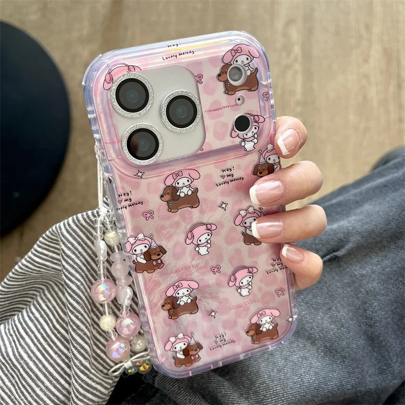 

Kawaii Pink Leopard Pinrt Puppy Melody Phone Case For iPhone 17 Pro 16 15 14 Pro Max Cover with Hand Chain Shockproof Cartoon Ca