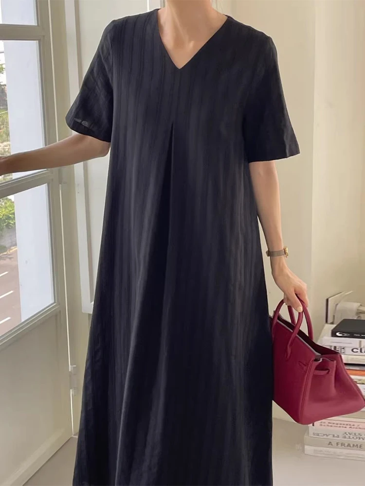 

Korean Chic Elegant Vertical Stripes Pleated Loose Casual Short Sleeve Long Dress For Women 2024 New Spring Summer