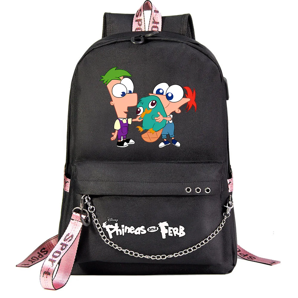 

Школьная сумка MINISO Phineas And Ferb для студентов, женский и мужской повседневный дорожный рюкзак для ноутбука с зарядкой через USB, подростковые рюкзаки