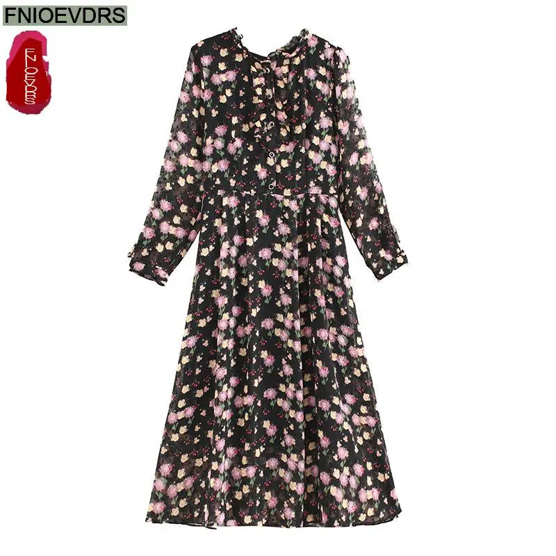 Casual Holiday Shirt Dress Women New 2024 French European Style Design Ruffles Bow Tie Floral Print Retro Long Dresses Vestidos