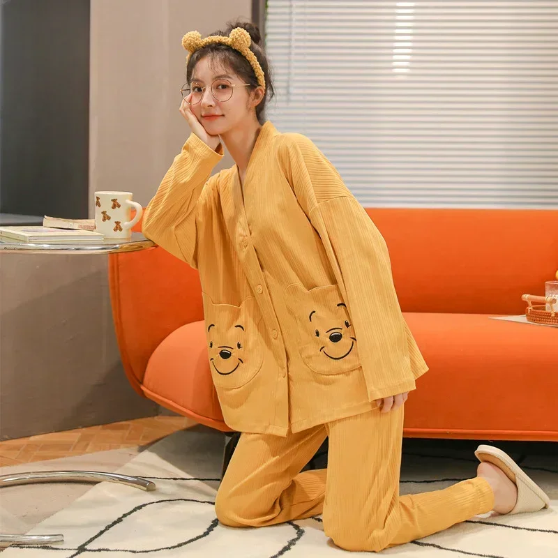 Disney\'s new Winnie the Pooh silk pajamas female cute cartoon pure cotton comfortable loose breathable home women\'s pajamas