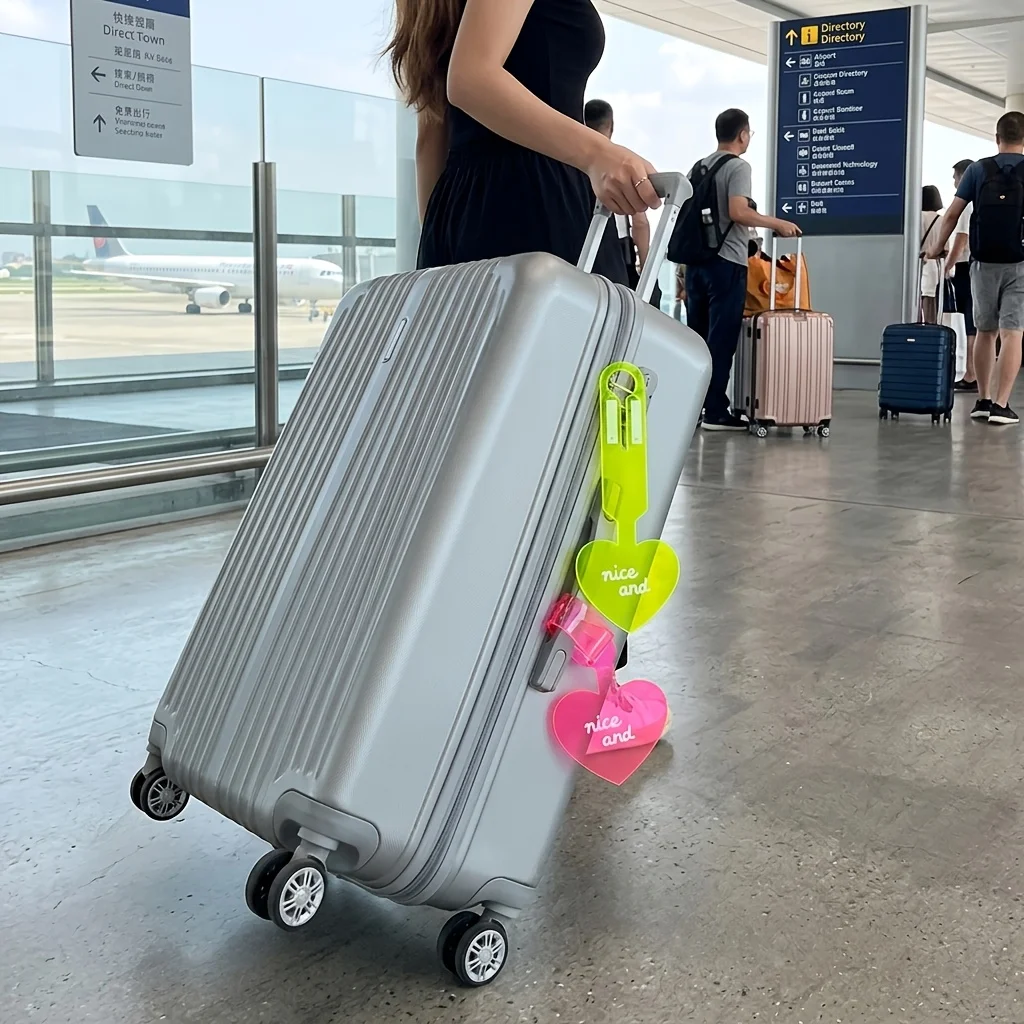 4pcs Fluorescent Heart Luggage Tags, 4 Assorted Colors PVC Baggage Labels, Easy to Identify Travel Suitcase Identifier