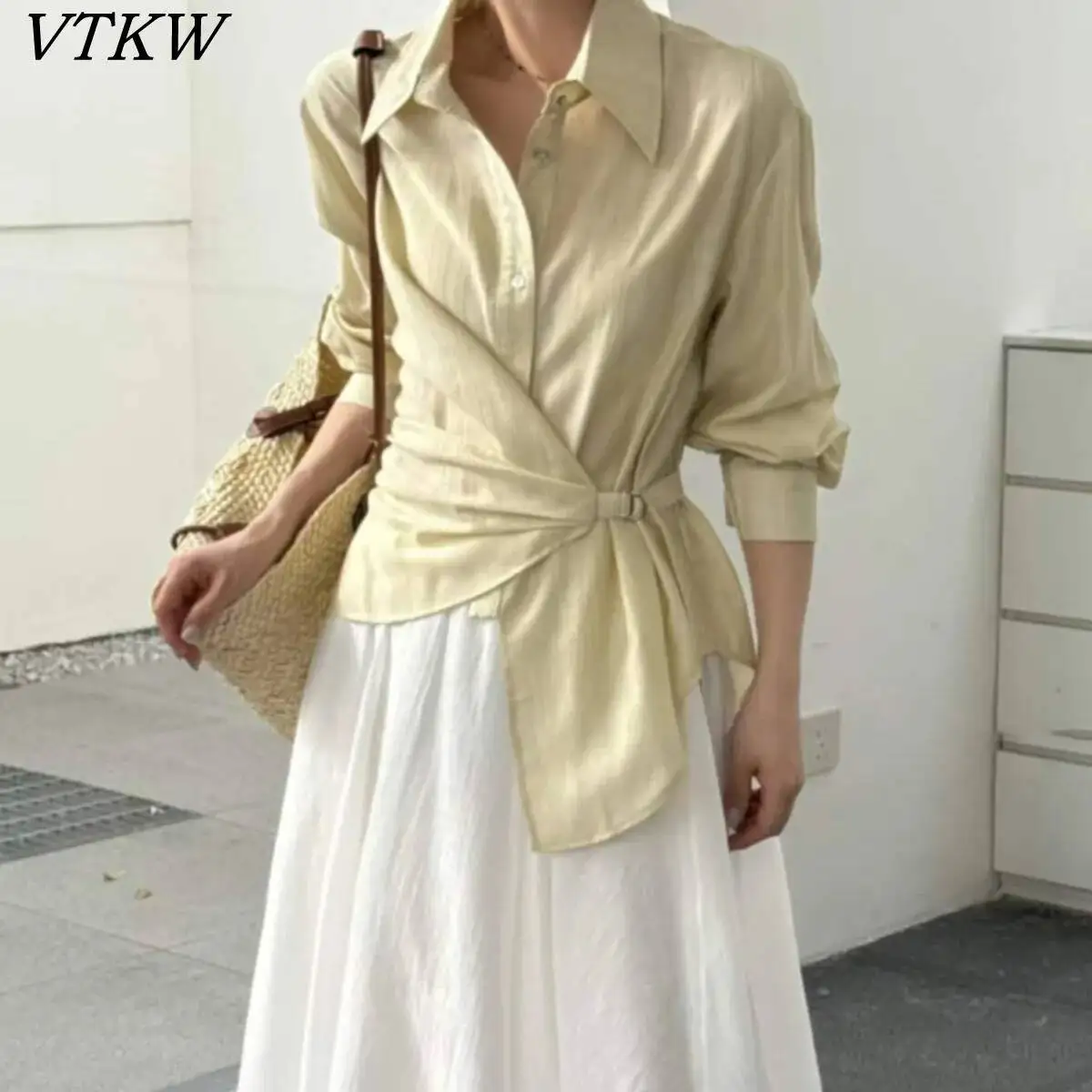 

Женская блузка VTKW 2026 весна-лето, однотонная, с завязками на талии, на пуговицах, с длинным рукавом, оверсайз, элегантная, повседневная, для ежедневной носки