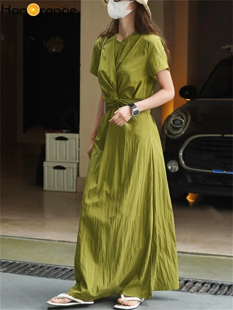 HanOrange 2024 Summer Temperament Cross Tie Waist Dress Slim Fit Long Dress Chou-heung Green