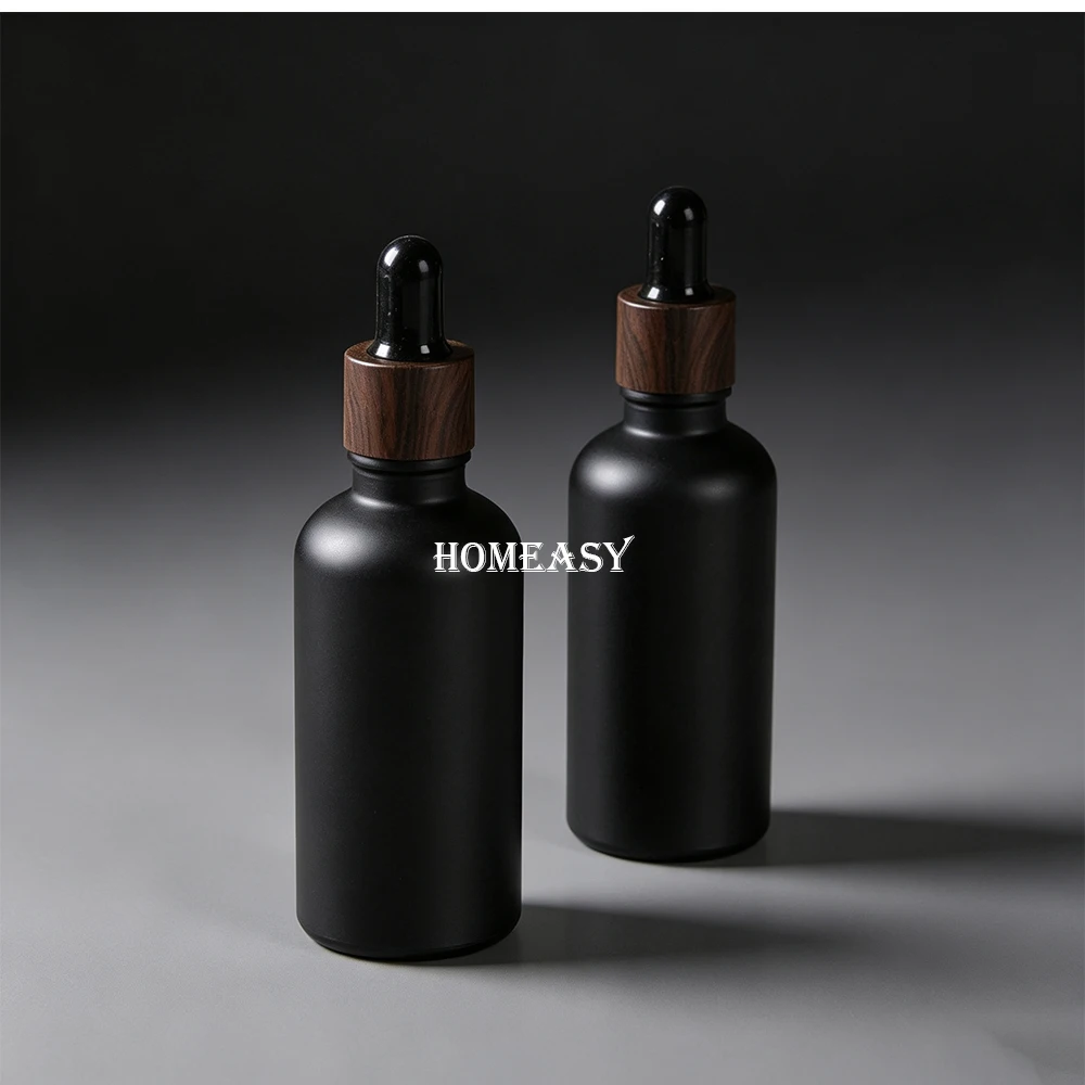 Matte Black Glass Dropper Bottle 7 Sizes Essential Oil Bottle Wooden Lid Refill Aroma Diffuser Storage view 6
