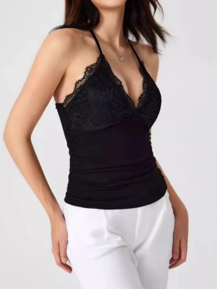Tank Women's Open-Back Stretchy Camisole Top with Metal Accessories and Self-Tie Shoulder Straps, Low-Neck Sexy Halter Top