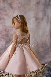 Brilhante rosa cetim vestido da menina de flor para o casamento tule applique inchado na altura do joelho elegante festa aniversário primeira comunhão vestido