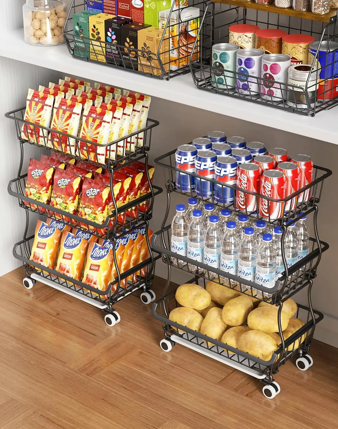 

3-Tier Rolling Pantry Floor Organizer and Storage Cart with Wheels, Stackable Wire Pantry Baskets for Pantry Shelves, K