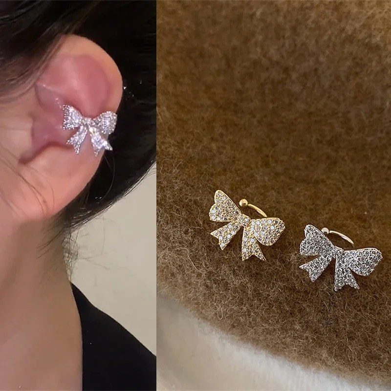 Trend Zircon Crystal Bow Ear Bone Clip Non-Pierced Earring Gold Silver Color Ear Cuff for Women Girls Aesthetic Jewelry