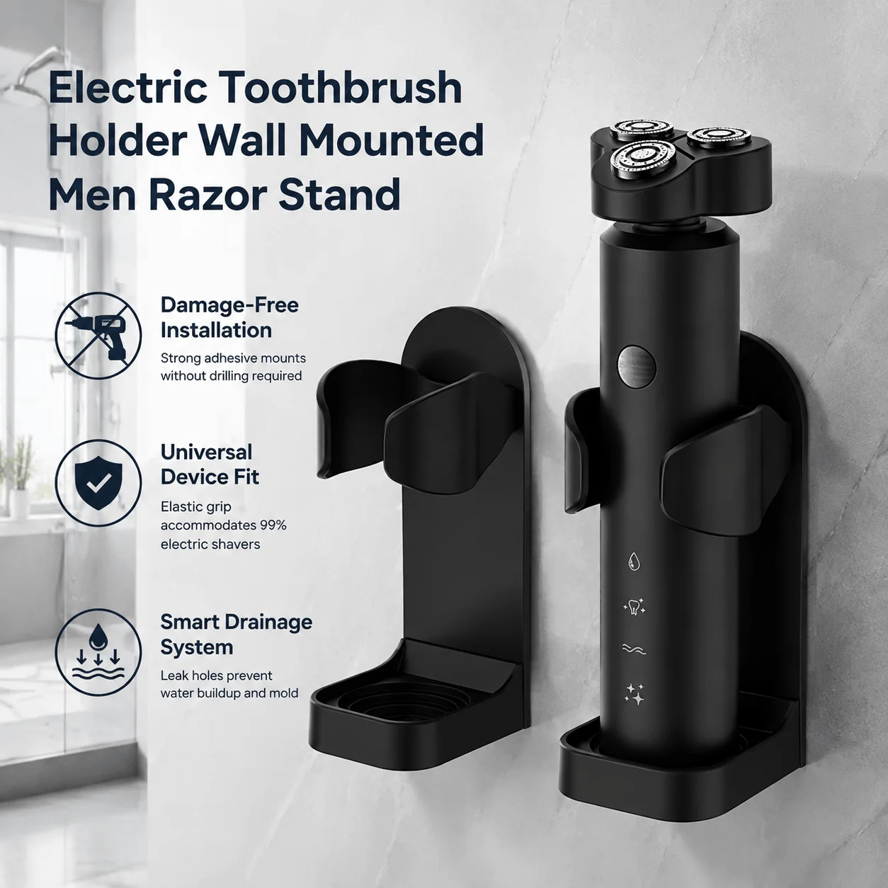 Toothbrush Holder Razor Stand Wall Mounted Self Adhesive Punch Free Bathroom Organizer Shower Storage Caddy Shelf Rack For Electric Shaver Toothbrush Universal Device Fit Multi Purpose Smart Drainage System No Drill Installation Bathroom Accessories