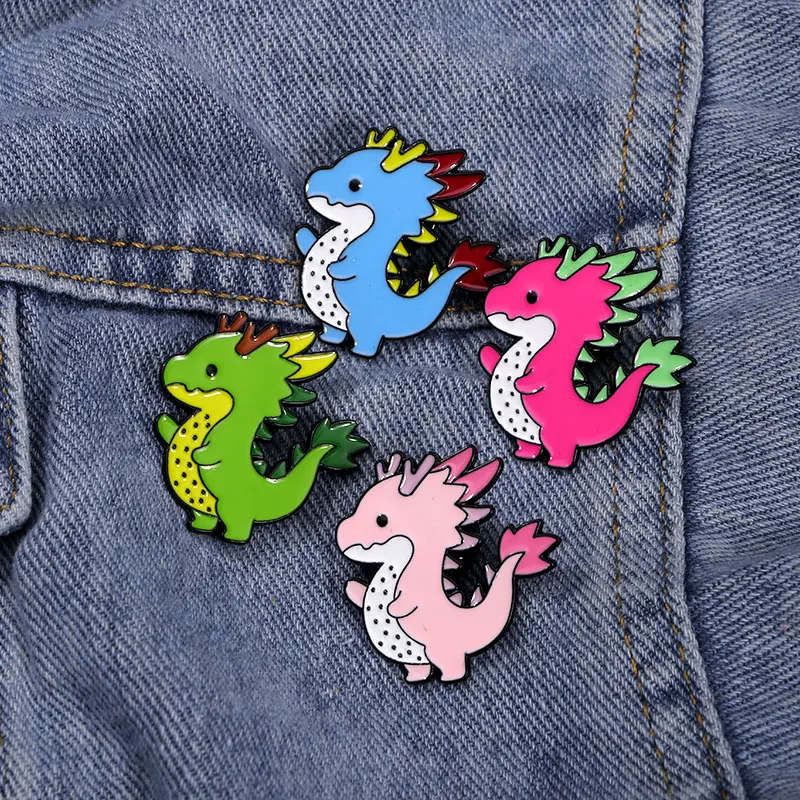 Cute Cartoon Green Pink Red Blue Dragon Hard Enamel Pins Brooches Wholesale