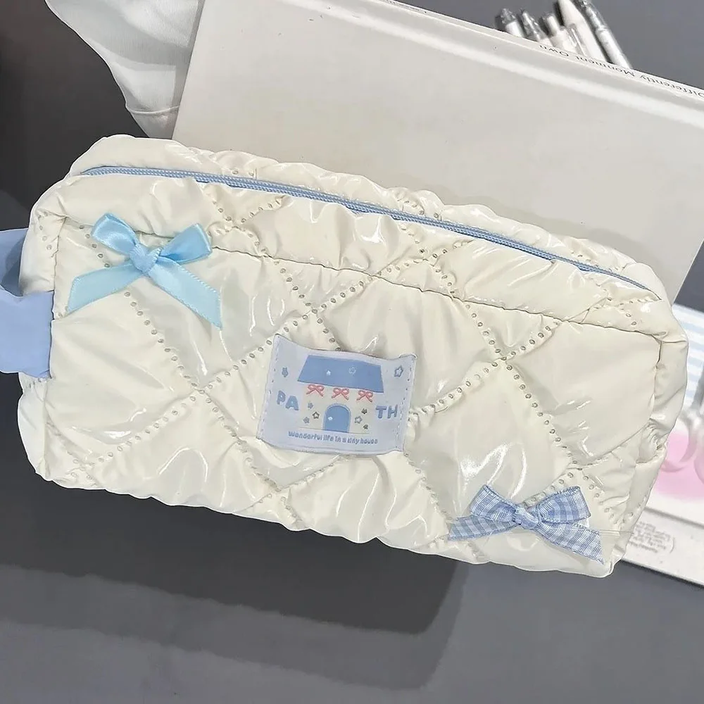 Estuche de lápices INS con lazo azul, bolsa para bolígrafos, papelería con corazón para niña, bolsas de almacenamiento portátiles, bolsa de