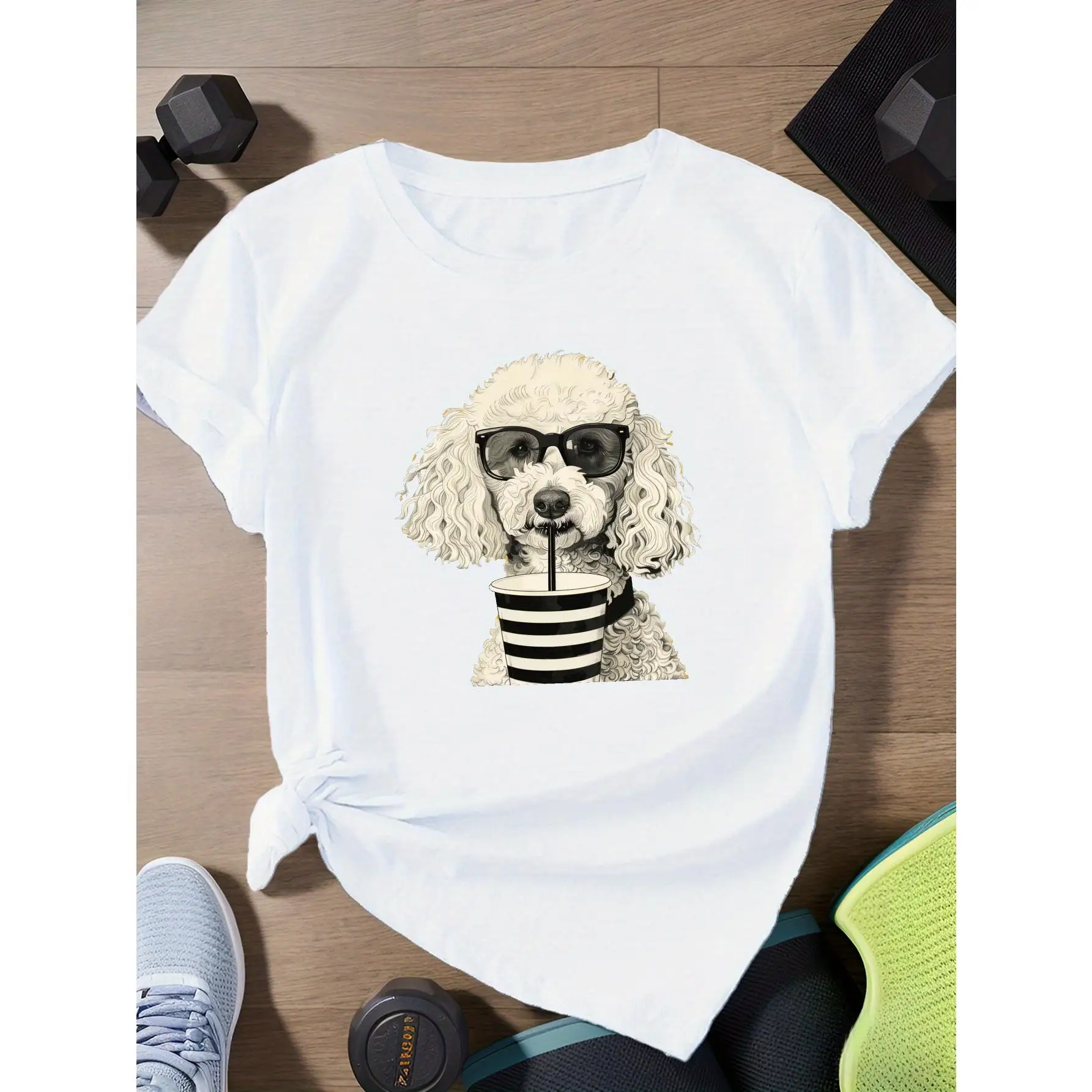 

white poodle with Fashion Glasses Women's Plus Size Sports Short Sleeve T-Shirt