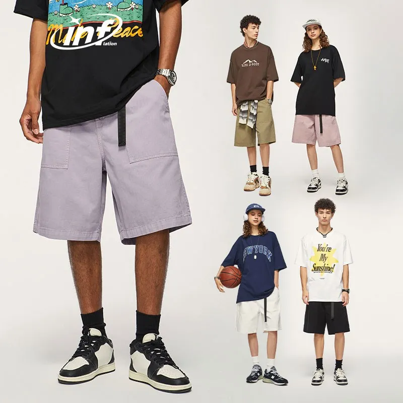 Alt Basics Unisex Harajuku Loose Fit Cargo Shorts with Belt Solid Color Straight Leg Shorts