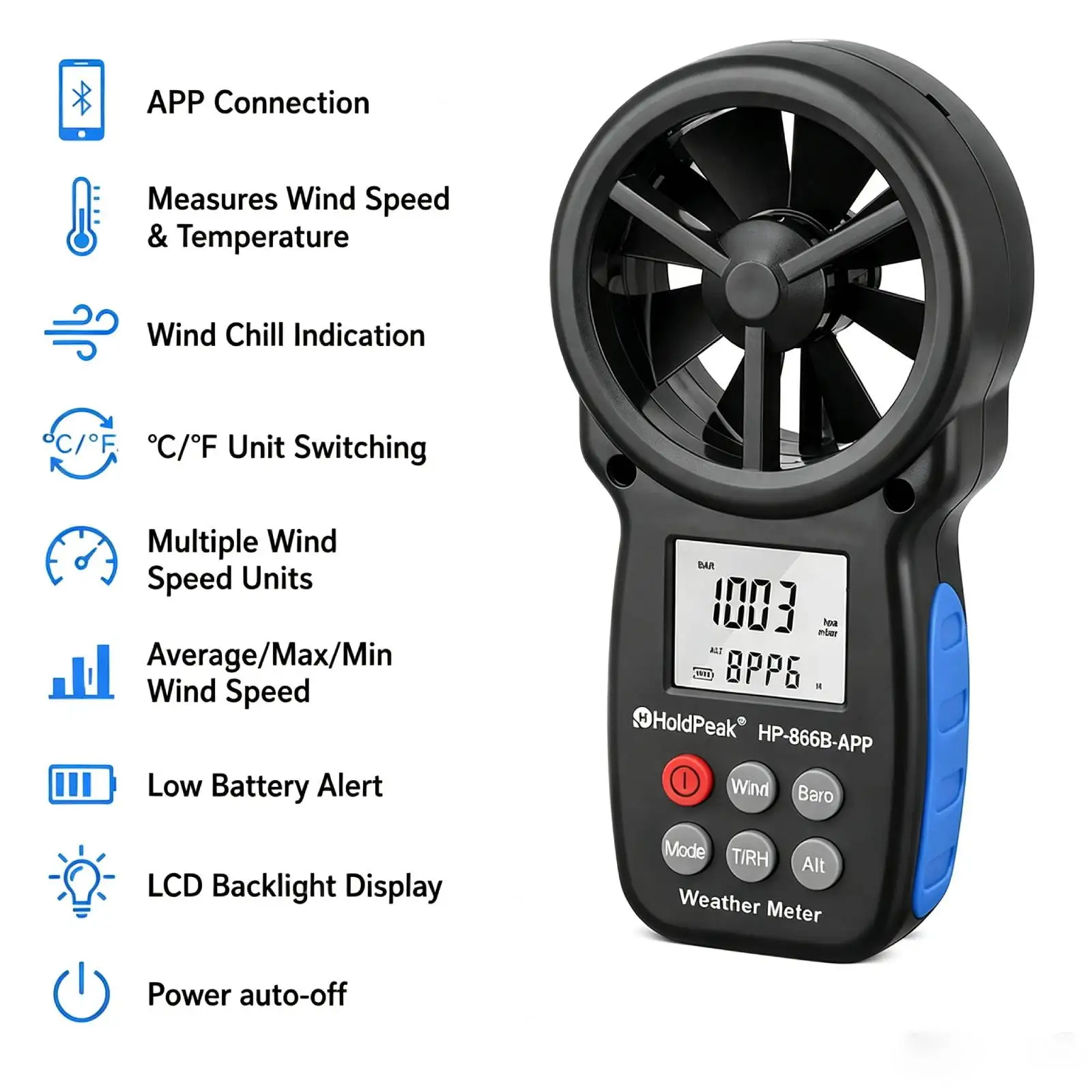 Handheld HP-866B-APP Bluetooth Anemometer 0.3-30m/s Wind Speed Temperature Meter APP Data Record for Weather Monitoring