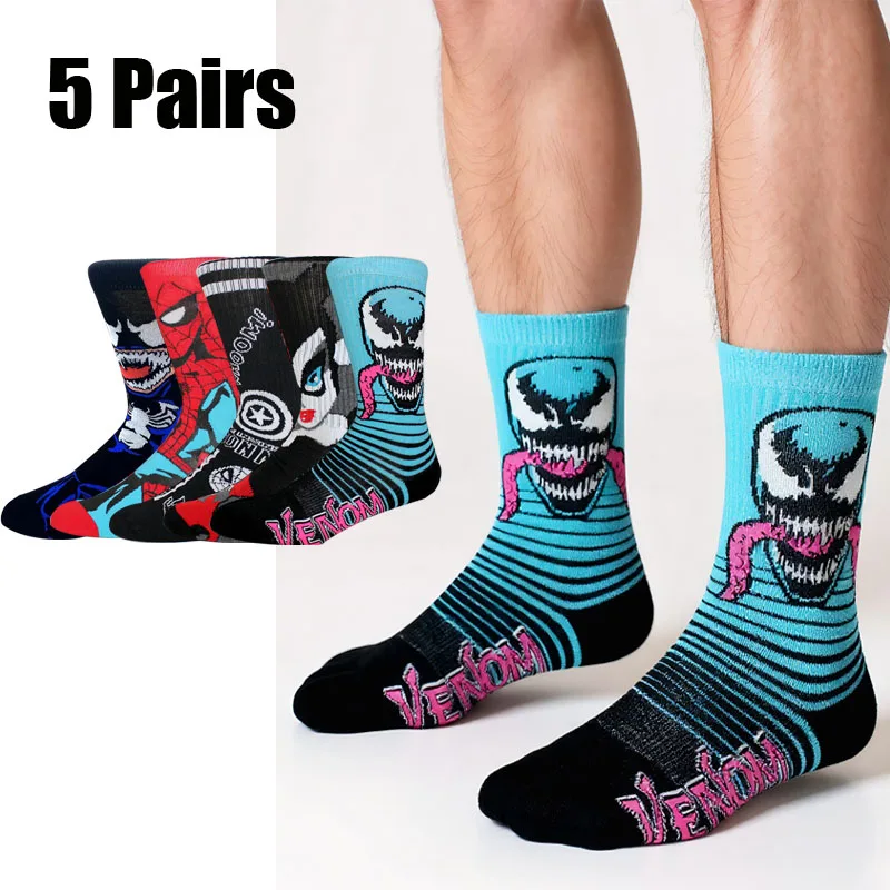 

5 пар новых мужских носков в стиле аниме, длинные носки с Человеком-пауком Marvel Venom, гольфы для пар, носки для косплея, забавные носки в стиле Харадзюку в стиле хип-хоп