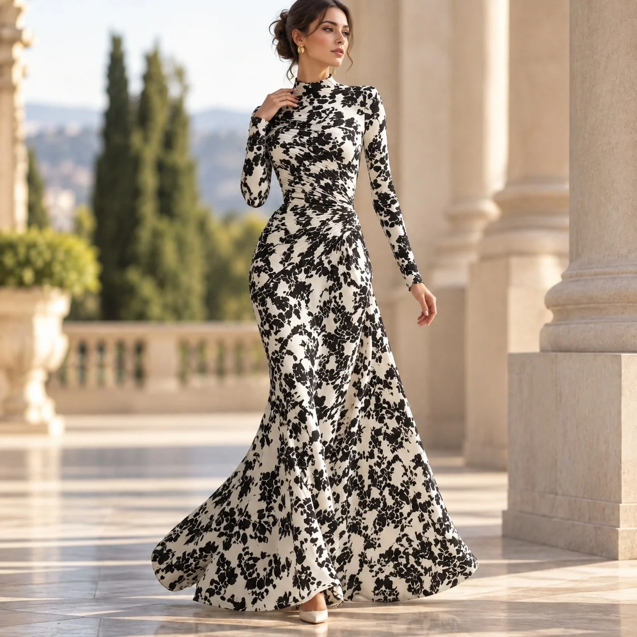 High Waist Long Sleeve Dress with Full Skirt Casual Fitted Silhouette Asymmetrical Hem Maxi Length Winter Women Casual Dresses