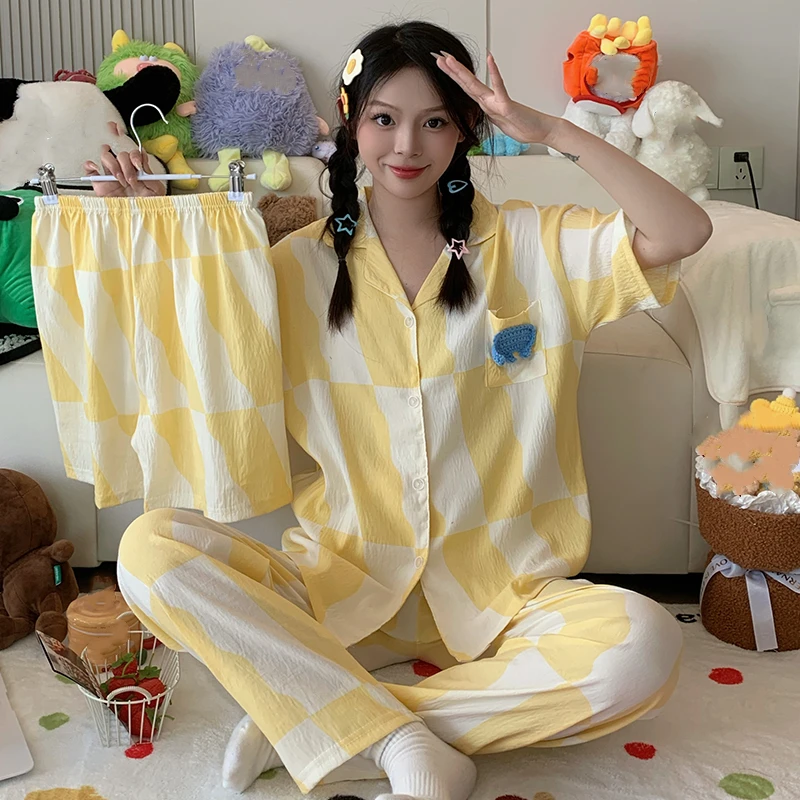 

Сладкий милый три комплекта в стиле Харадзюку, пижамы больших размеров, повседневный клетчатый дизайн, комплект из трех предметов, пижамы, новинка лета, одежда для сна на открытом воздухе Y2K