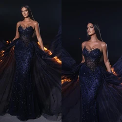 Romantic Navy Blue Prom Dress Sweetheart Mermaid with Overskirts Evening Gowns Sequined Lace Party Dresses Custom Made