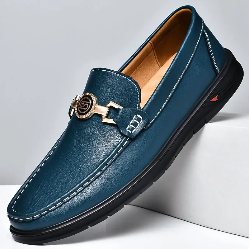 British Style Casual Leather Men Dress Blue Breathable Business Leather Shoes Handmade Loafers Classic Men Wedding Oxfords Flats