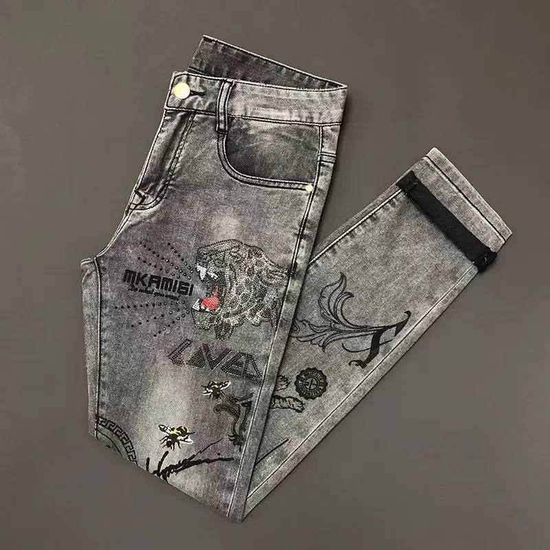 Men's Clothing Spring and Autumn high quality Hot Drilling Jeans Trendy Brand Slim-fit Skinny Tiger Print Casual Trousers