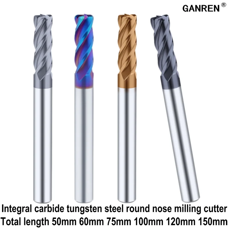 Integral Cemented Carbide Tungsten Steel Round Nose Milling Cutter 10R1 20R0.5 Total Lenght 150mm Black Bronze Blue Ash Coating