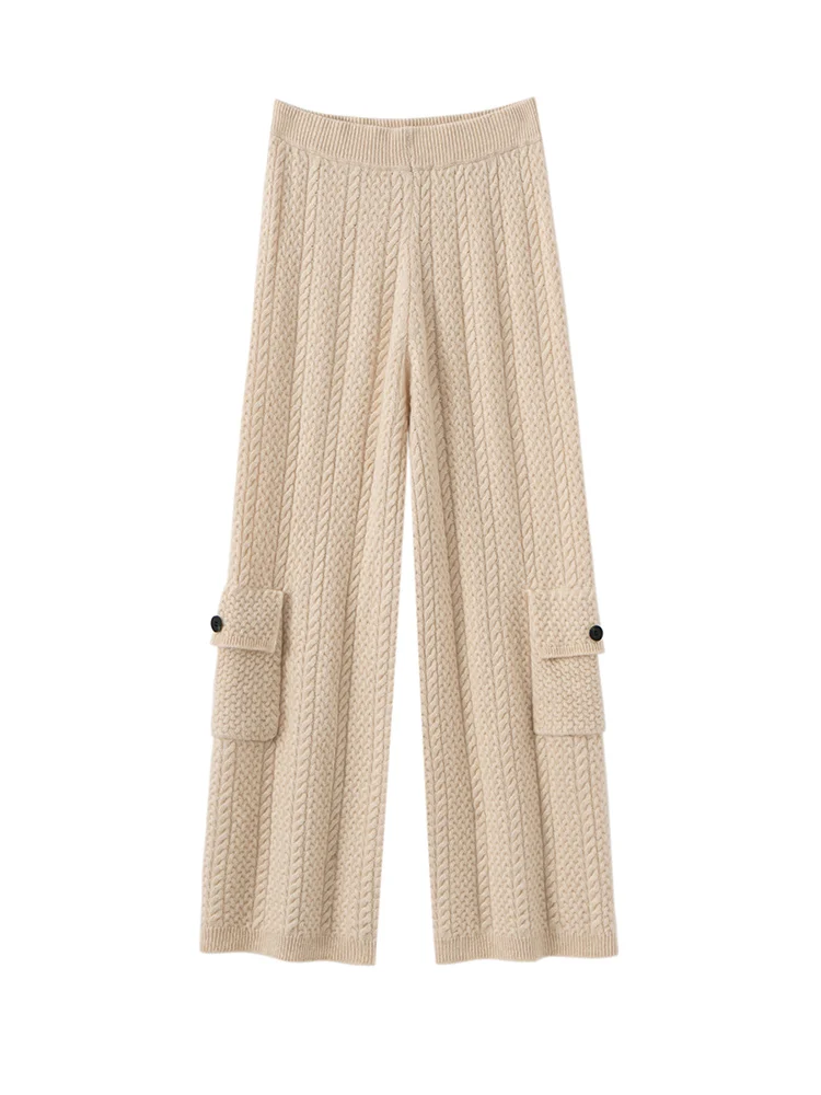 TLOML Women’s 100% Cashmere Knitwear Cargo Pants Wide Leg Ankle Length Pants Autumn Winter Soft Warm Casual Cashmere Trousers