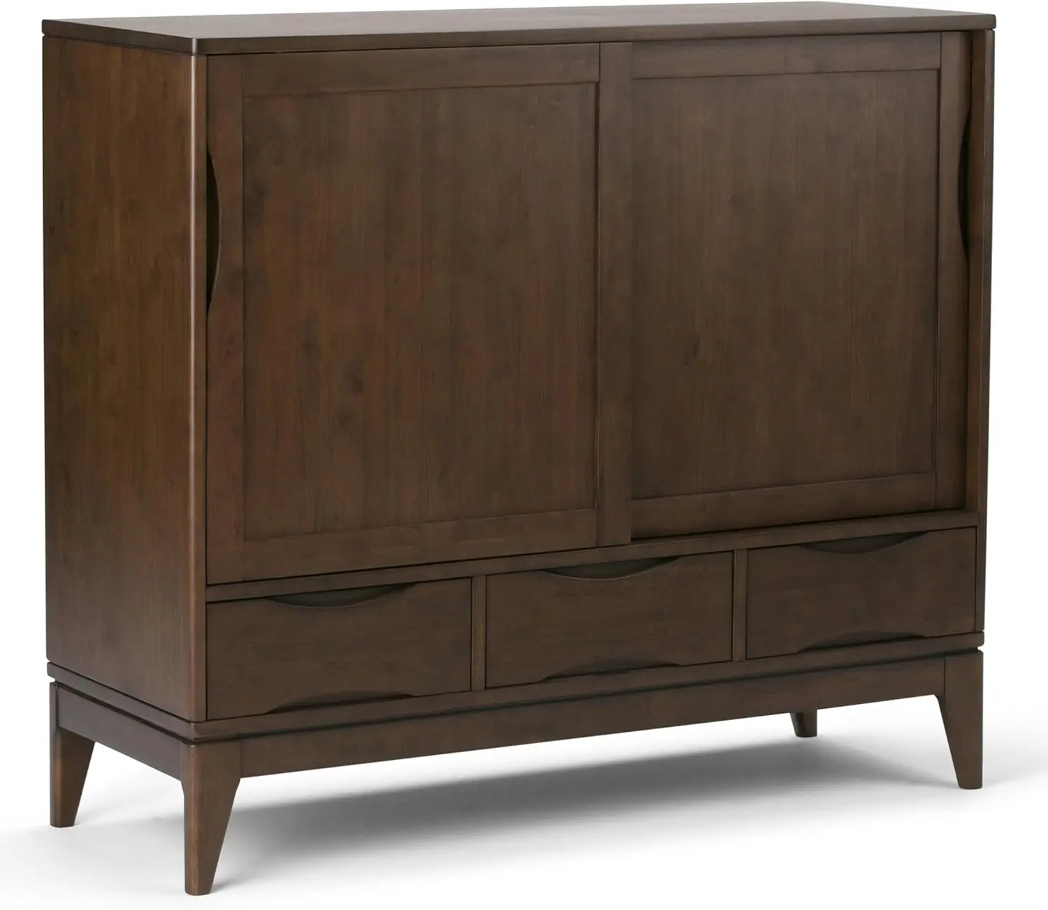 48 inch Wide Mid Century Modern Medium Storage Cabinet in Walnut Brown, with Large Space Behind 2 Sliding Notched Handle Doors