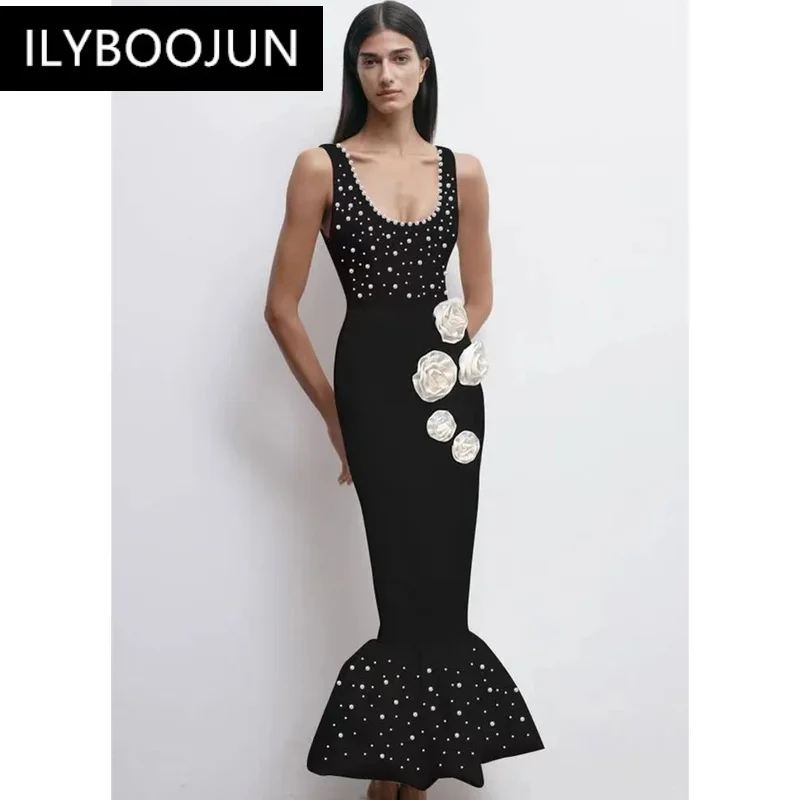 BY Women Celebrity Sexy Tank Pearl Flower Black Midi Mermaid Bodycon Bandage Dress 2024 Elegant Evening Club Party Dress