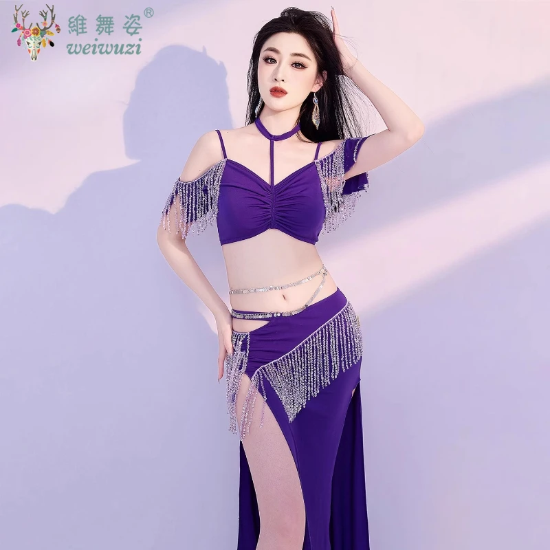 Conjunto de dança do ventre com borla, saia longa cravejada de diamantes, roupa de performance de dança oriental, roupa de competição feminina