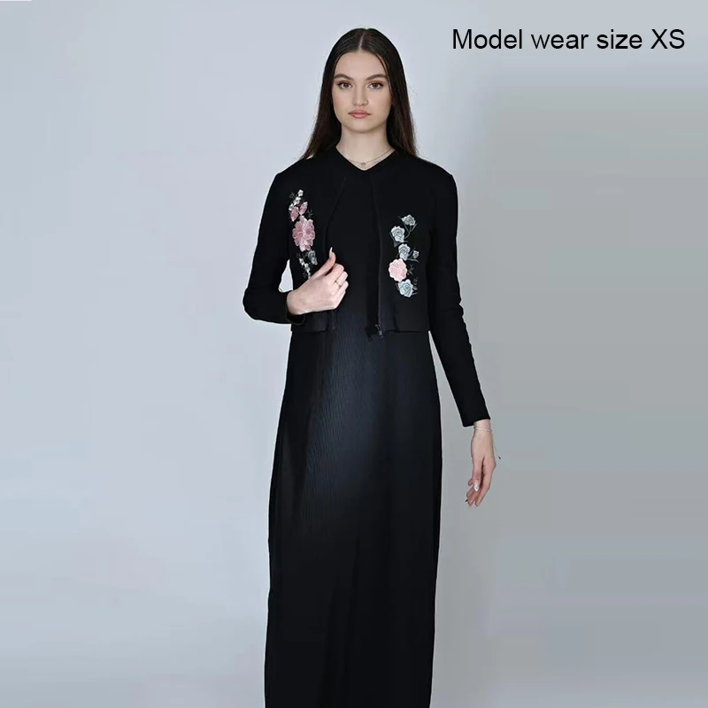 XS-XXXL Lady Cardigan Outfit Casual Embroidey Flowers Black Ribbed Top Maxi Dress Long Dresses Zipper Elegant Shlomo Dress Set