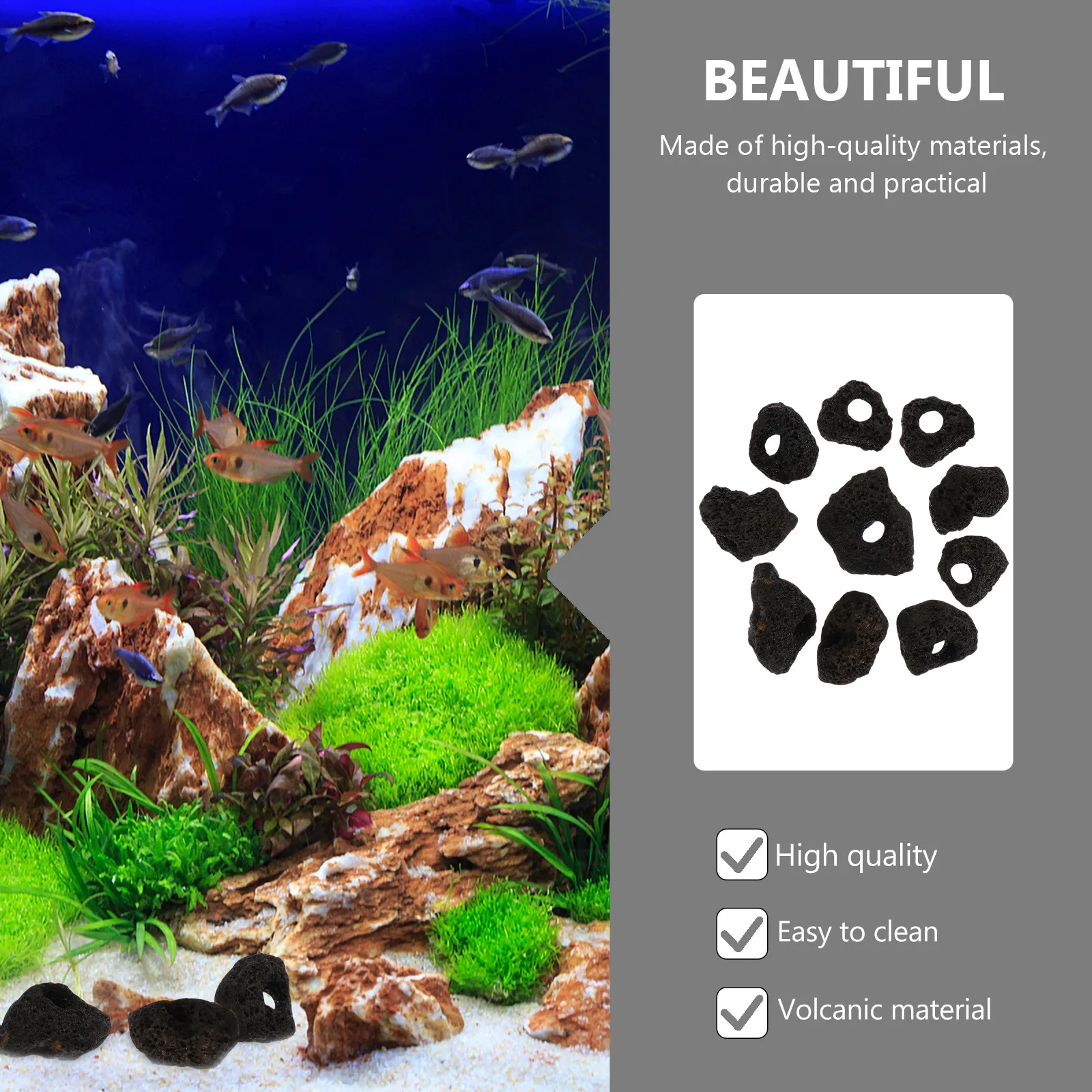 10Pcs Natural Volcanic Rocks Ornament for Aquarium Fish Tank Habitat Stone Cave Shelter Safe for Fresh Salt Water Easy Clean