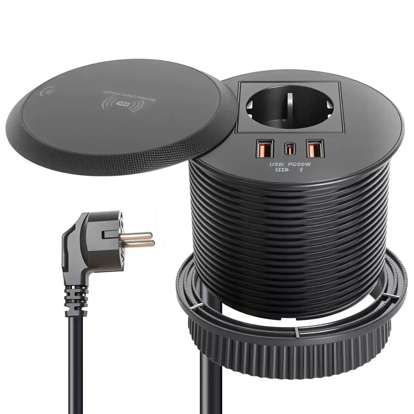 Office Desk Rotary Grommet Socket, 15W Wireless Charging 20W USB Desk Power Outlet With Rotating Cover