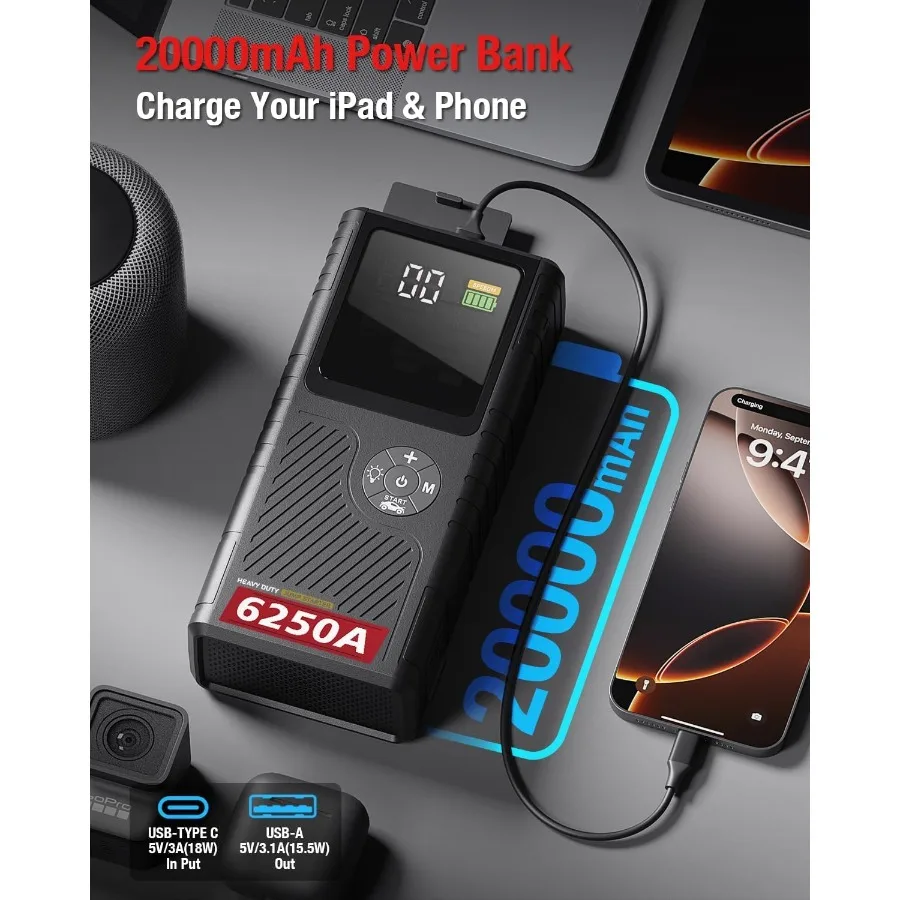 CS02 6250A Peak Jump Starter مع ضاغط هواء 20000 مللي أمبير في الساعة بطارية لمركبة الطوارئ تبدأ 8.5 لتر غاز و6.5 لتر ديزل Ti #4