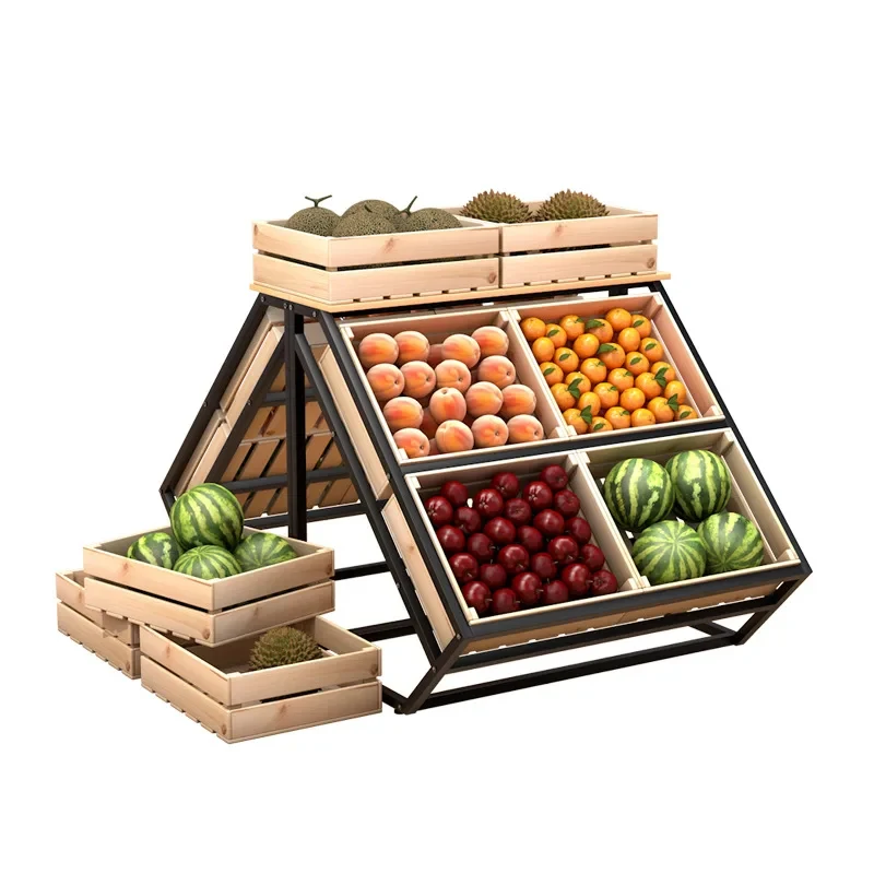 custom.Supermarket Grocery Shelves Display Racks Double Sided Vegetable Shelves Wood Metal Display Stand Fruit Vegetables
