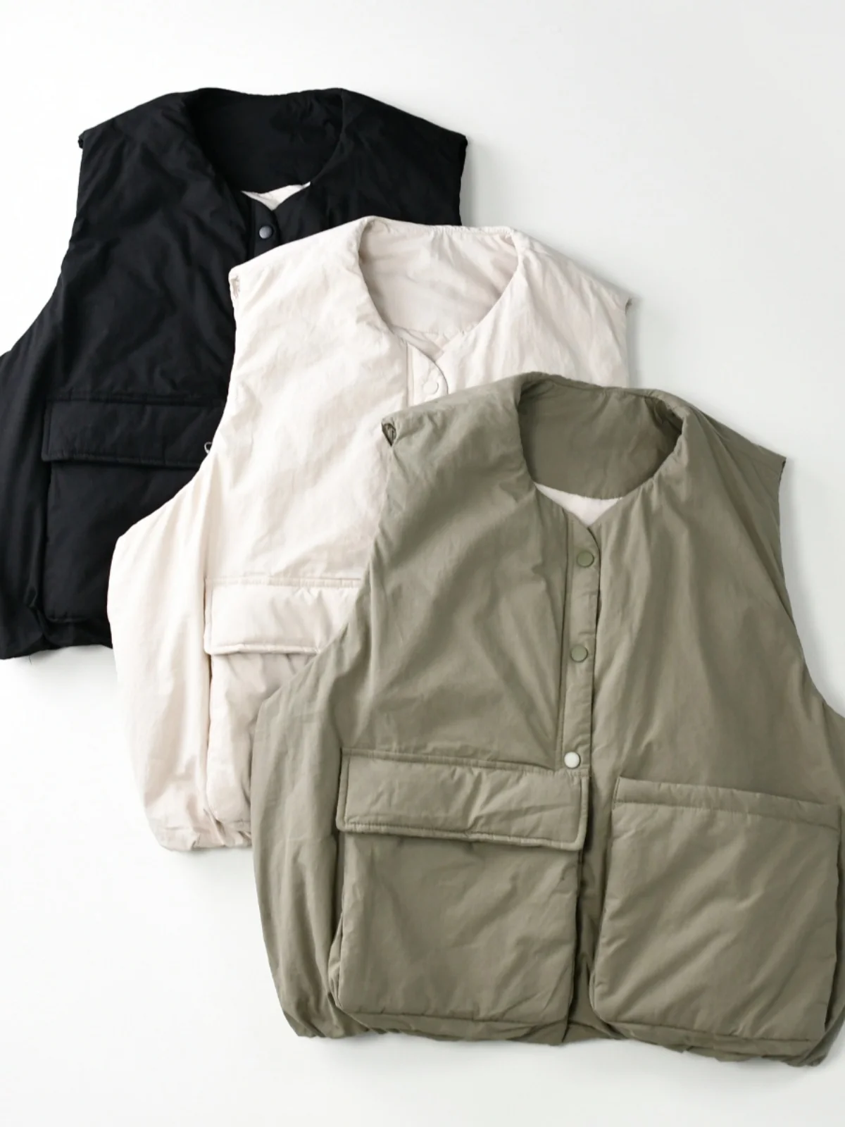 سترة قطنية خفيفة الوزن للنساء 2024، ملابس عمل شتوية، جيوب كبيرة، بدون أكمام، وسادة كتف، جاكيت، ياقة مستديرة، تفاصيل أزرار