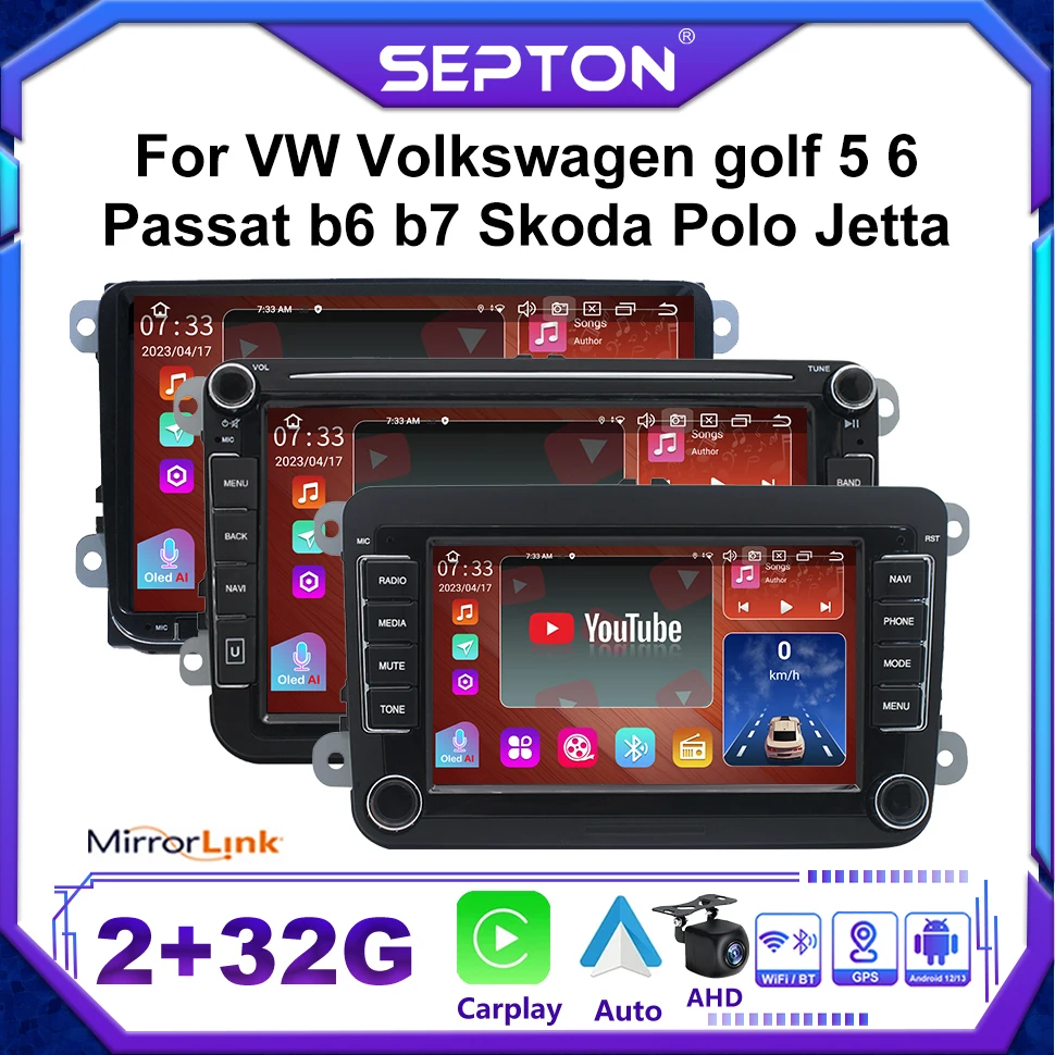 

SEPTON Android 12 Universal Car Radio for VW Volkswagen Golf 5 6 Passat B6 B7 Skoda Polo Jetta 7"/8"/9" Carplay GPS MAP Navi