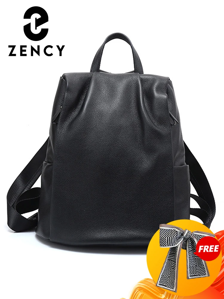 Zency Anti-theft Women Backpack 100% Genuine Leather Black Travel Bag Big Schoolbag For Girls Fashion Female Knapsack Laptop