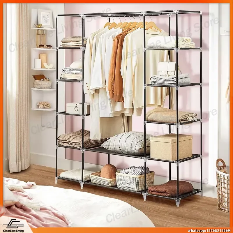 Portable Wardrobe Clothes Organizer Non-Woven Fabric Storage Cupboard with Shelves for Bedroom Closet Storage 146x44x175cm