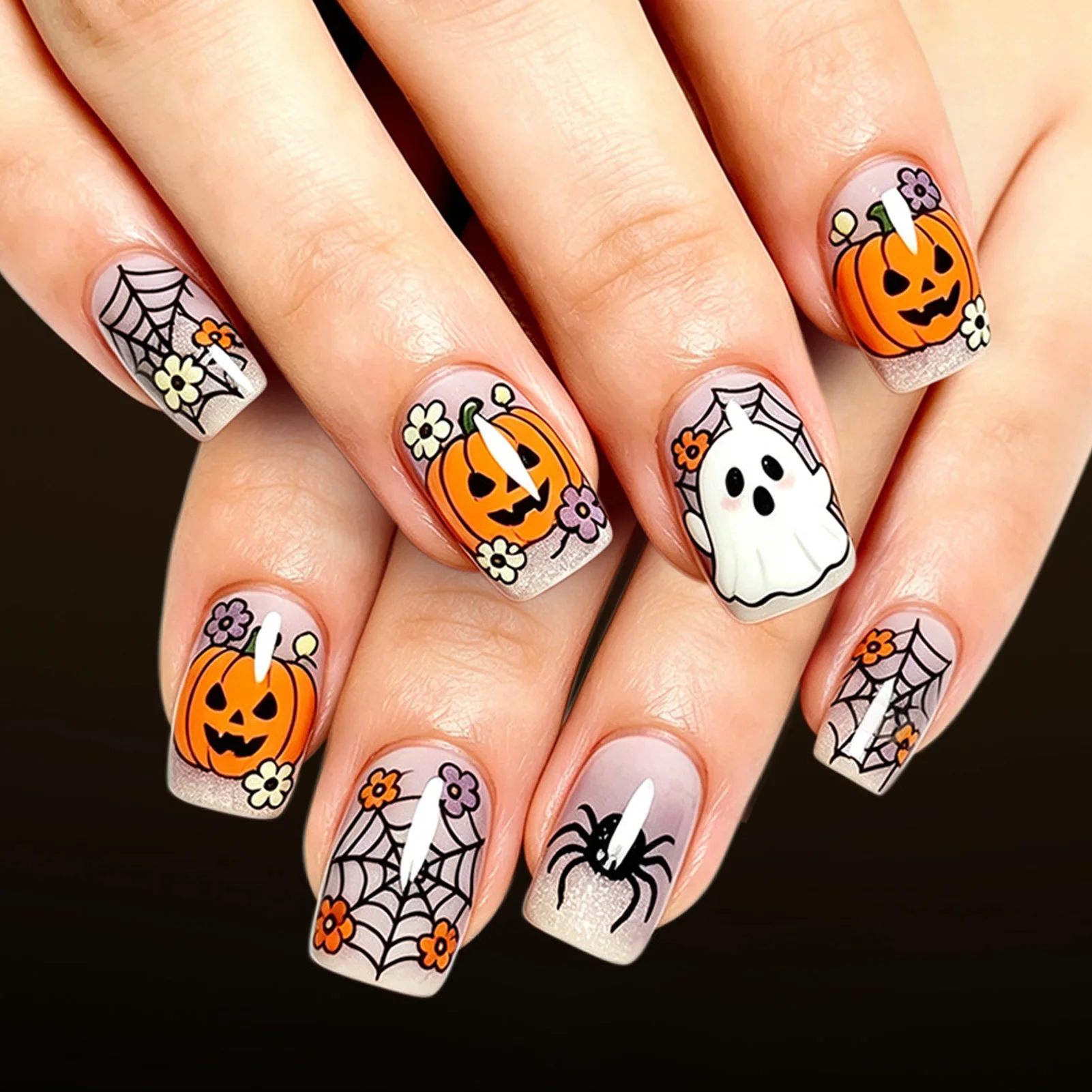 Easy-Apply Press On Nails Spooky Halloween Design for Party Wearable Resin Square Glitter Ghost Pumpkin Nail Set 24pcs