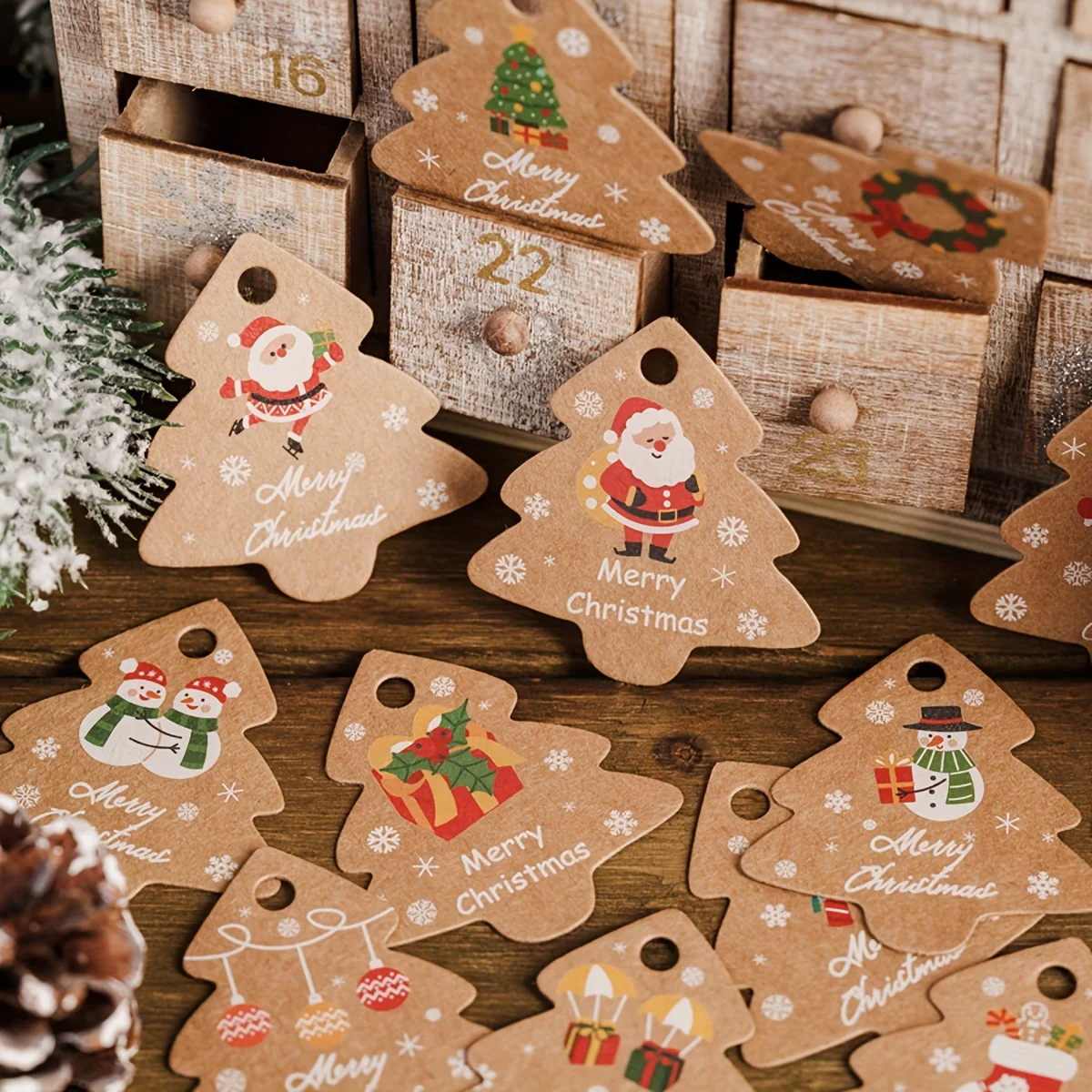 24-Pack Christmas Tree-Shaped Gift Tags with Red and White Twine, Festive Holiday Hanging Decorations for Presents and Packages