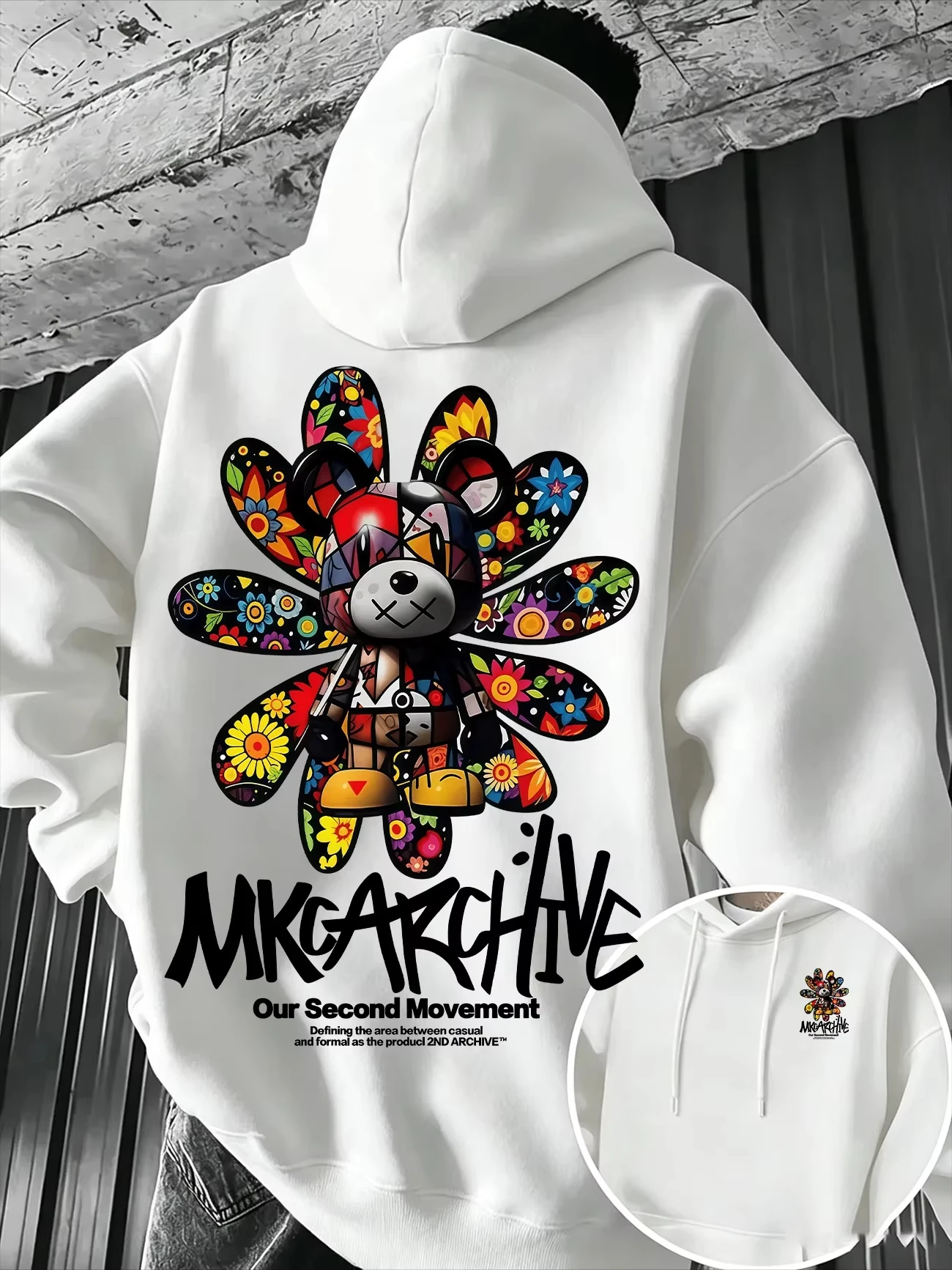 Herren-Freizeit-Sweatshirt mit Kapuze, bunter Pullover mit Blumen- und Bären-Graffiti-Print, warmes, lockeres Streetwear-Oberteil für Herbst und Winter, ideal für den Außenbereich. – Detail 8