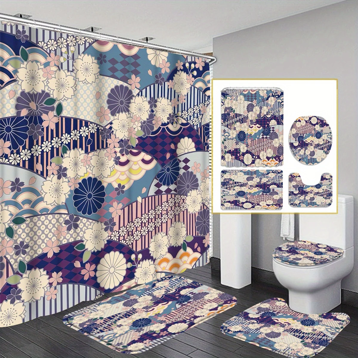 

4pcs Japanese Pattern Shower Curtain Collection - 12 Hook Shower Curtain with Rug, Toilet Mat and U-Mat - Complete Bathroom