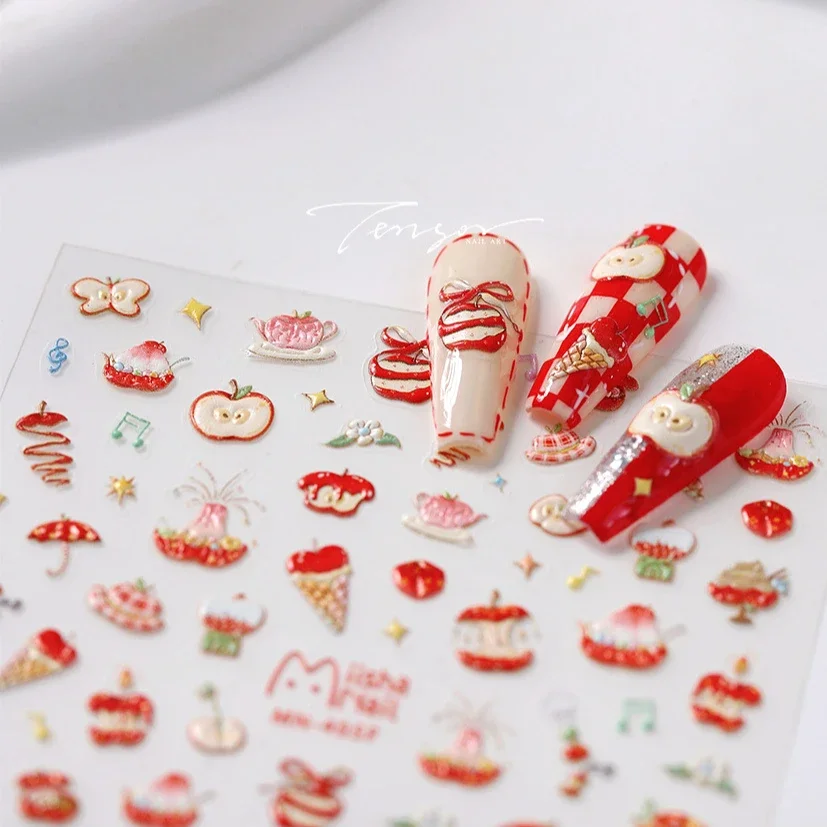 Cute Ice Cream Strawberry Apple Flower Star Fruit Note Teapot Raspberry Jelly Umbrella Embossed Relief Nail Art Stickers Decals