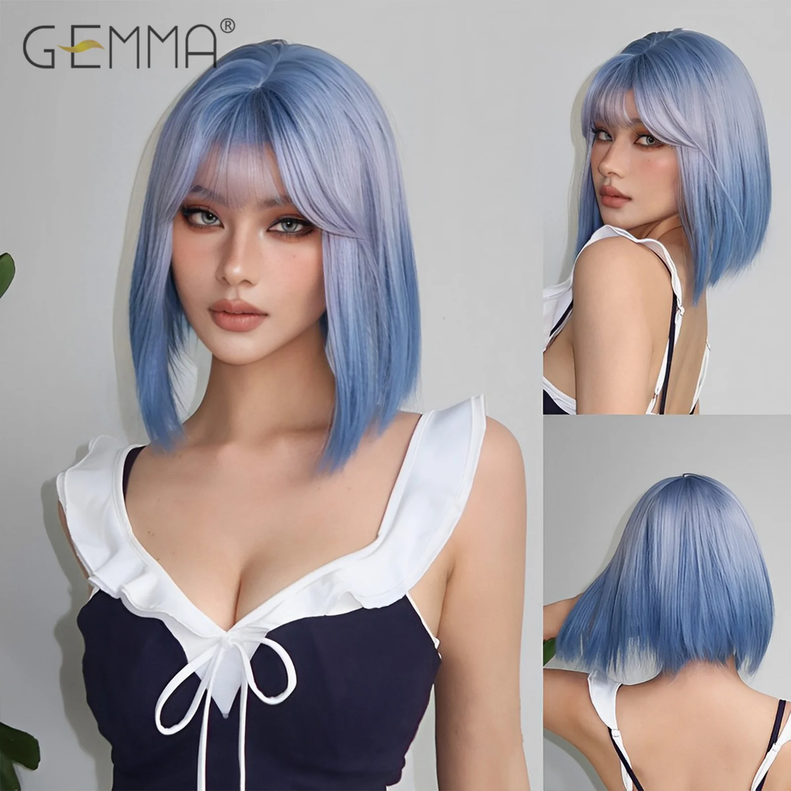 GEMMA Synthetic Blue Blonde Ombre Cosplay Wig with Bangs Short Straight Bob Wigs for Women Christmas Party Hair Heat Resistant