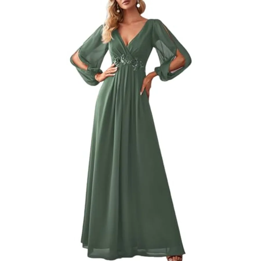 

Ever-Pretty Women's V Neck Long Sleeves Floor Length Ruched Chiffon A-Line Formal Evening Dress Mother of Bride Dresses 001