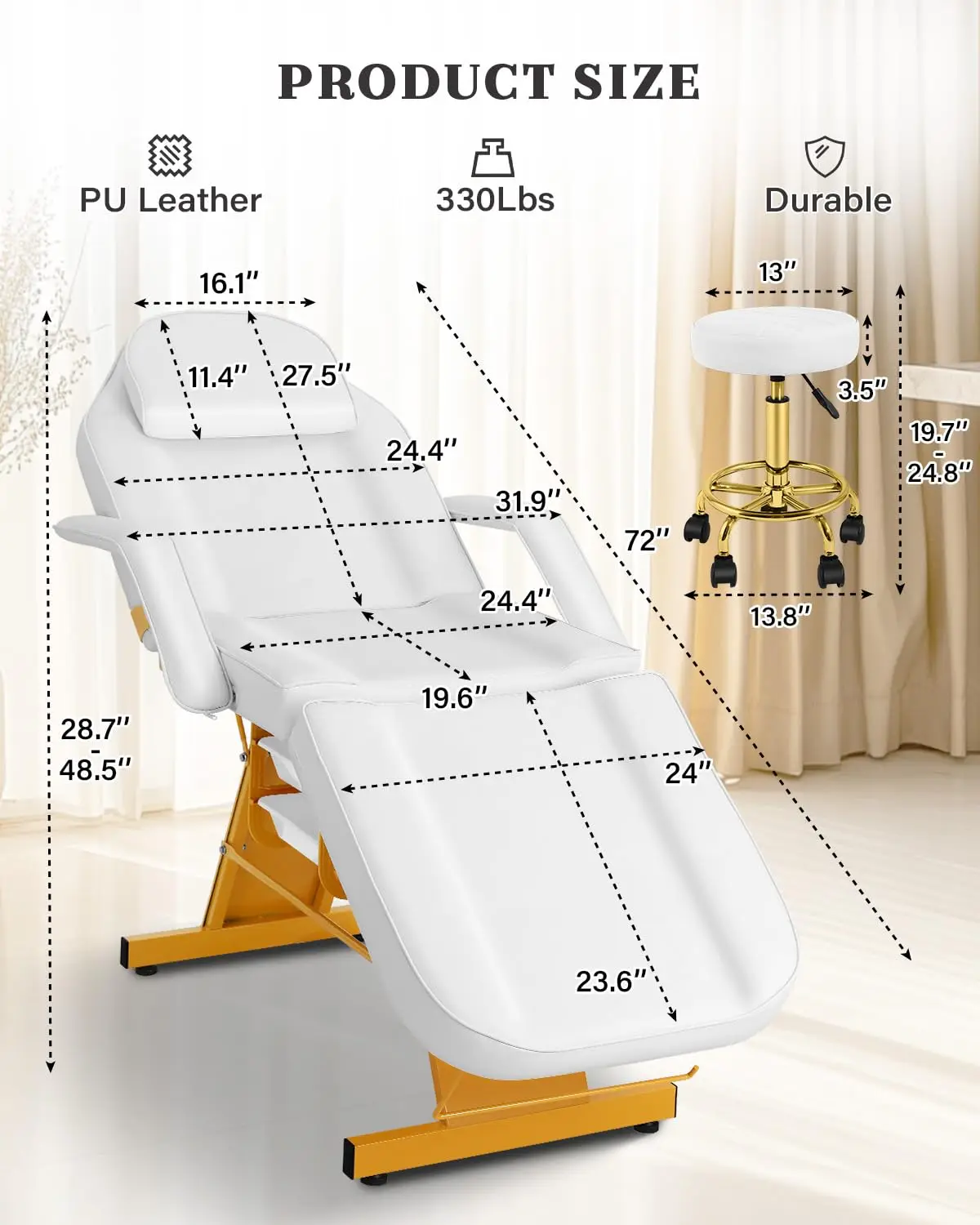 Multi-Purpose Facial Chair Adjustable Backrest & Armrests Beauty Salon Spa Tattoo Massage Bed White Gold, Customized